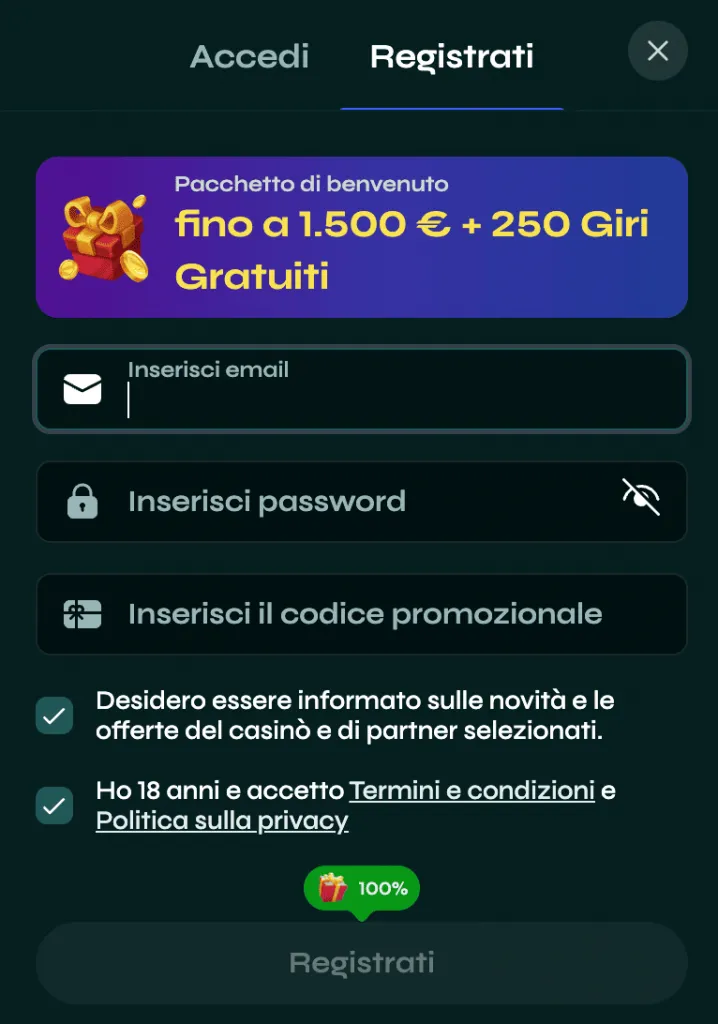 Registrazione in 60 secondi SavaSpin Casino